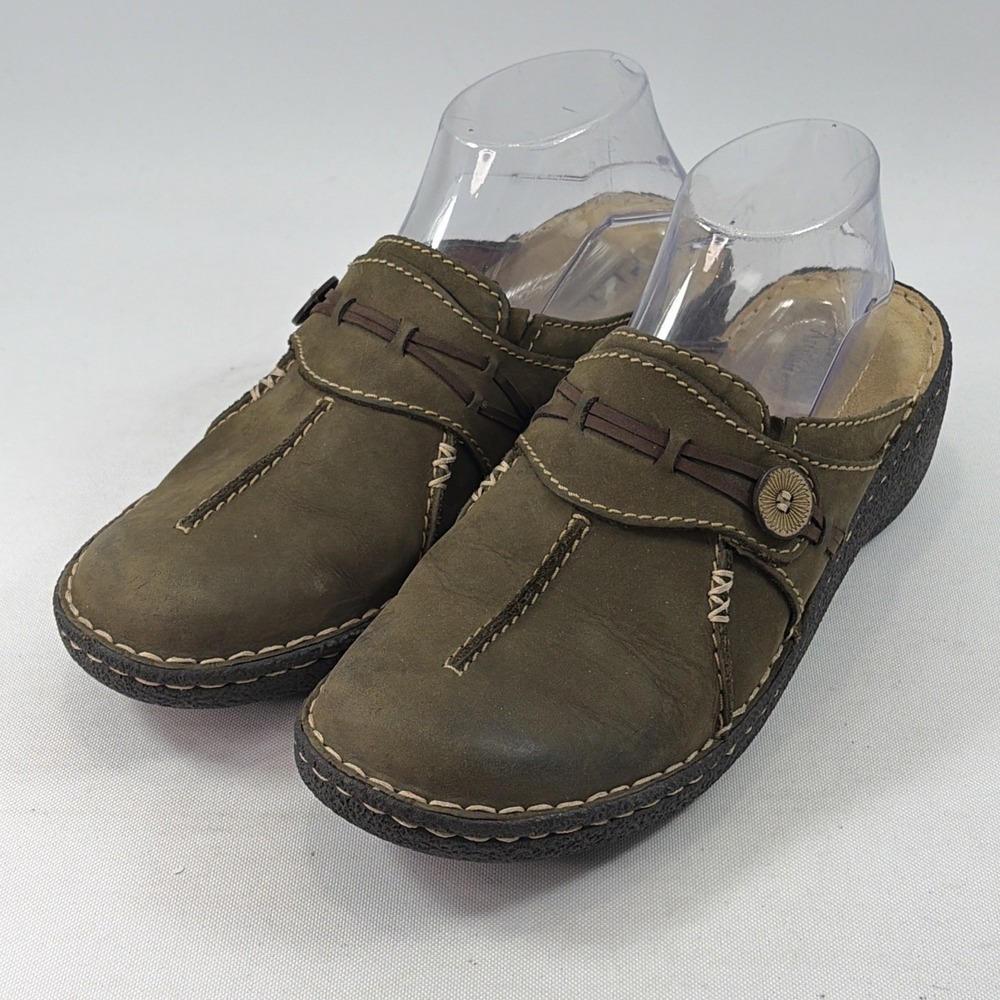 Clarks Artisan Mules Women's Sz 9.5 Olive Green Leather Comfort Slides Clogs